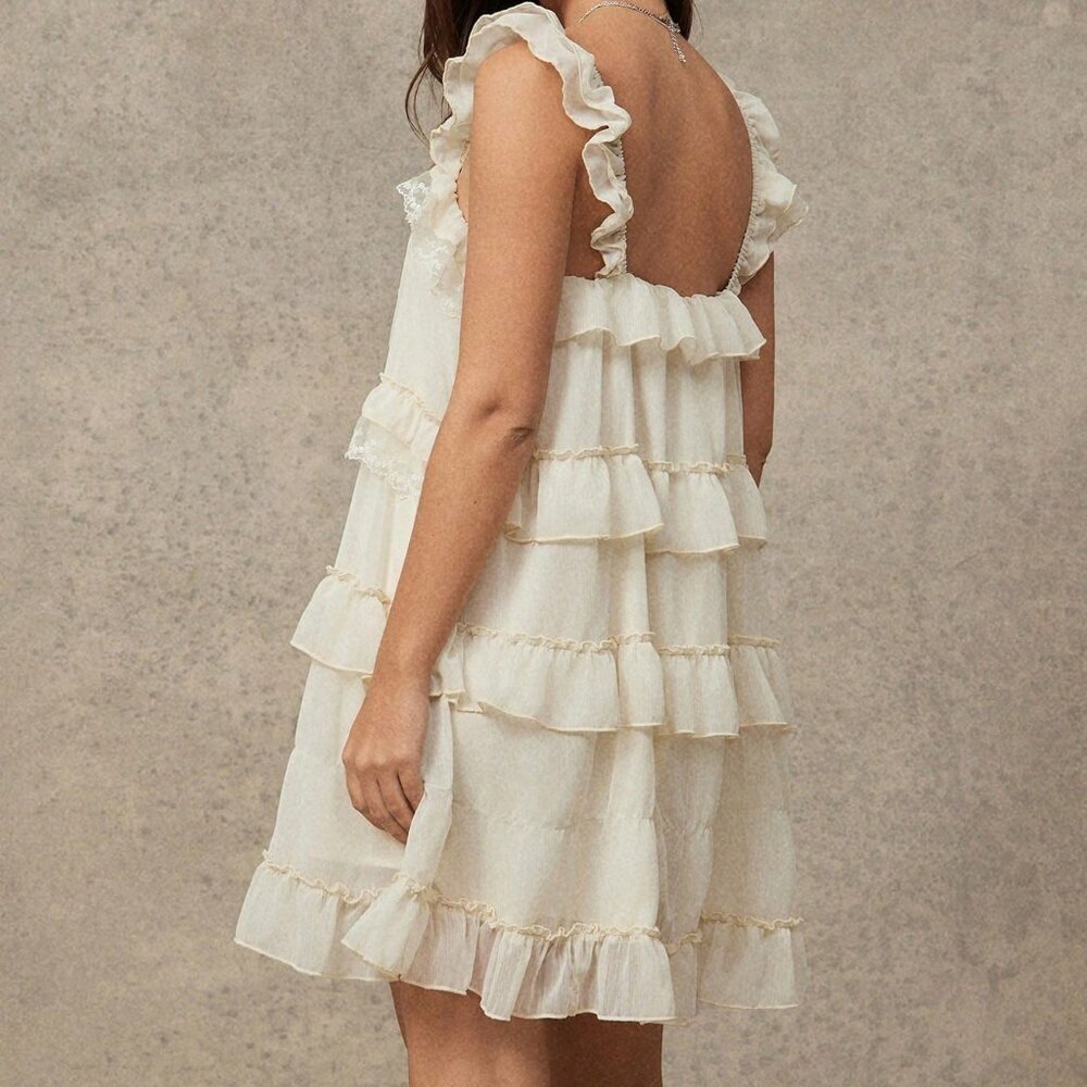 Apricot Boho Women's Square Neck Chiffon Floral Lace Tiered Mini Dress - Picture 2 of 5